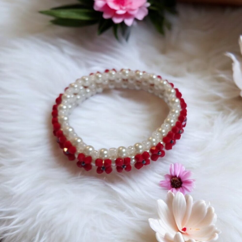 Boho White Glass Ruby Red Beaded Bangle Bracelet